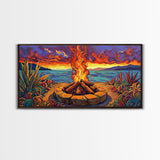 Campfire Desert, Sunset, Fiery Skies, bold landscape Canvas Print, autumn outdoor art, cozy rustic living room wall décor