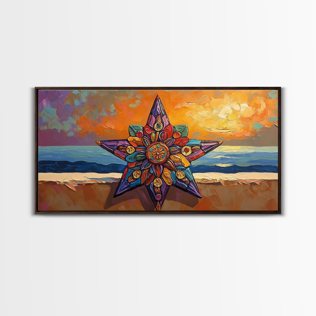 Star Sunset, Ocean, Mandala, Framed Canvas Print vibrant boho wall art, coastal living room decor, sunset mandala beach house artwork