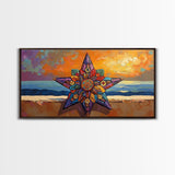 Star Sunset, Ocean, Mandala, Framed Canvas Print vibrant boho wall art, coastal living room decor, sunset mandala beach house artwork