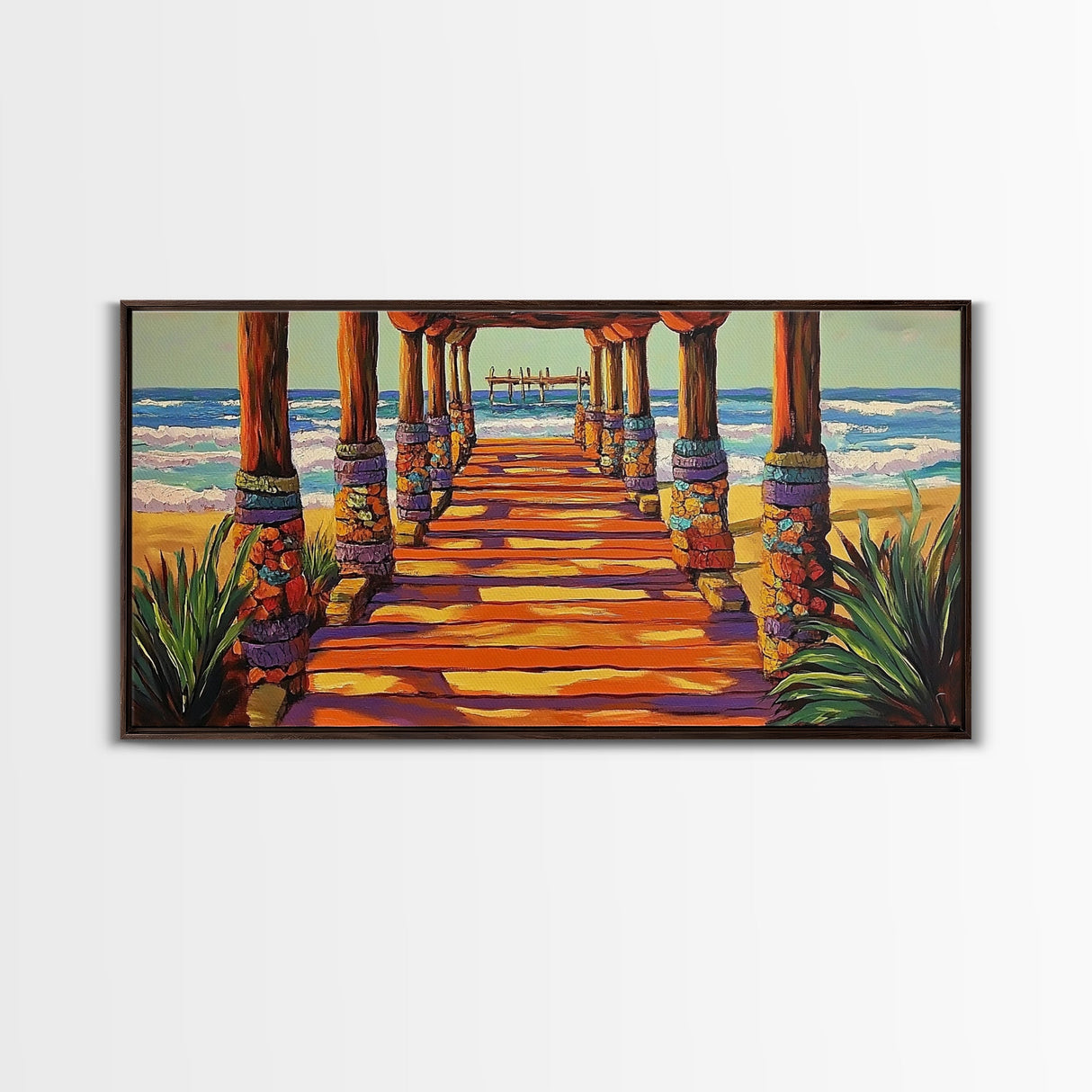 Pier Beach, Sunset, Vibrant, Canvas Print tropical coastal wall art, beach hallway decor, ocean waves painting, summer home artwork