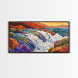 Waterfall Rainbow, Canyon, Bold, Framed Canvas Print vibrant nature bathroom decor, boho rainbow mountain wall art, fantasy print