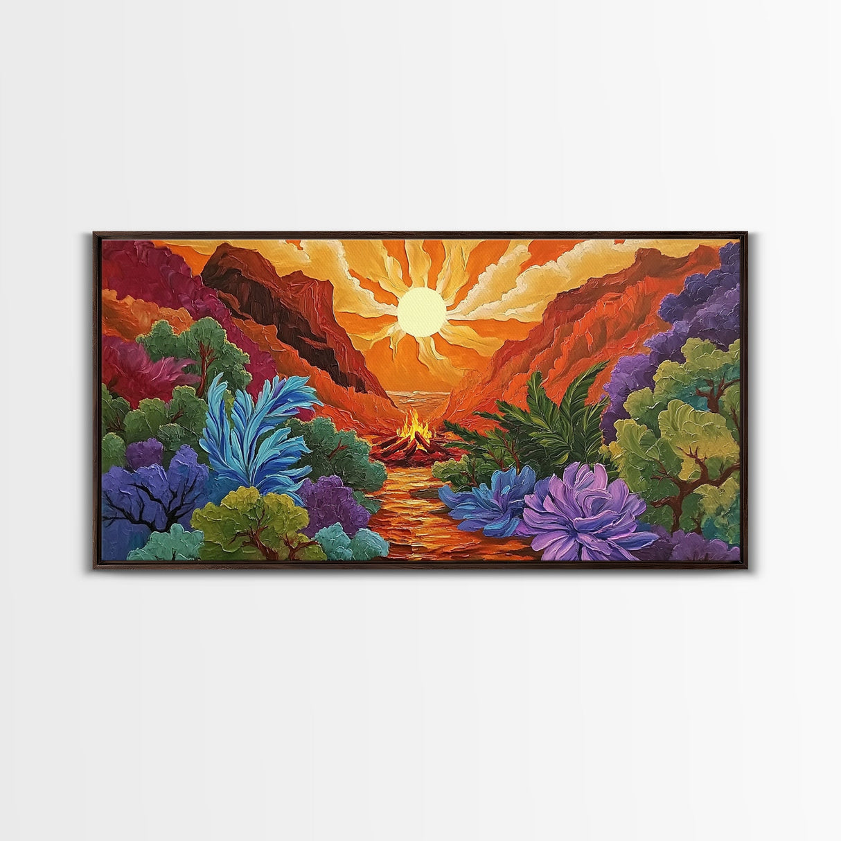 Campfire Valley, Sunset, Vivid Sky, bright forest Canvas Print, fall nature decor, bold boho fire painting, cozy cabin wall art