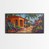 Villa, Palm Trees, Pathway, Lush Garden, warm tropical Canvas Print, boho patio decor, summer bungalow living room wall art