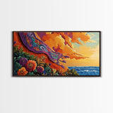 Sunset Coast, Rug, Framed Canvas Print, Sunset Beach Art, Magic Carpet Illustration, Vibrant Coastal Decor, Dreamy Bedroom Art