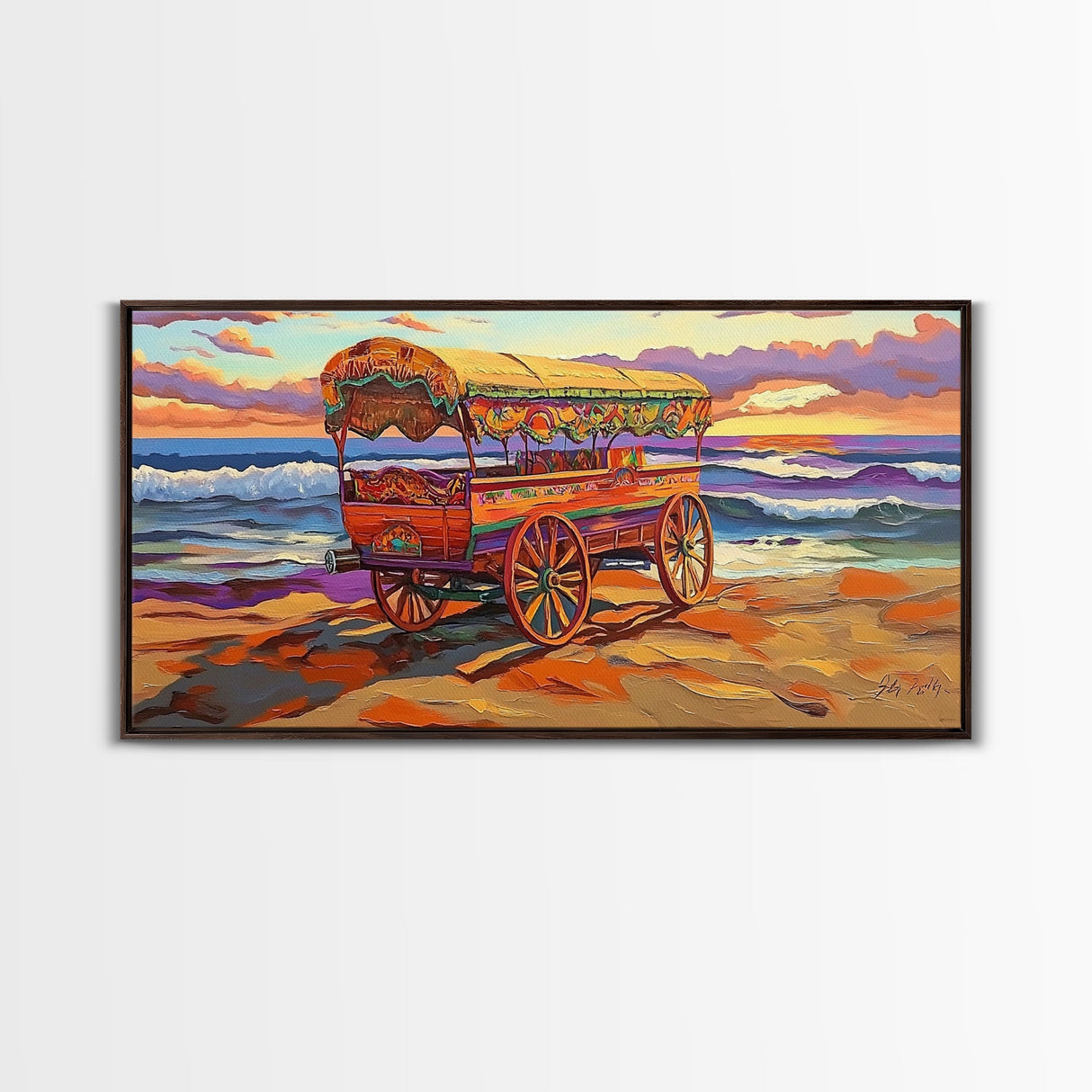 Sunset Beach, Wagon, Vibes, Coastal boho decor, colorful ocean art, Canvas Print, beach house wall art, living room sunset painting
