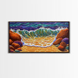Wave Shoreline, Rocks, Splash, Vibrant ocean wall art, coastal home decor, Canvas Print, bathroom beach art, bold seascape painting