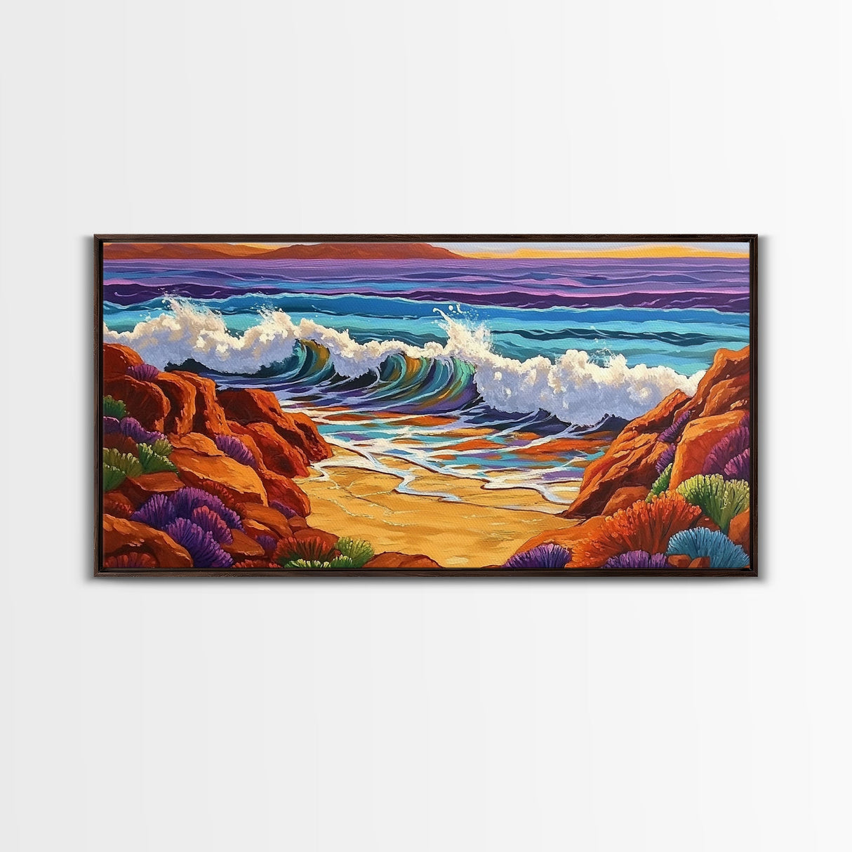 Surf Shoreline, Rocks, Sunset, Vibrant coastal Canvas Print, wave crashing beach art, living room ocean scene, colorful boho seascape