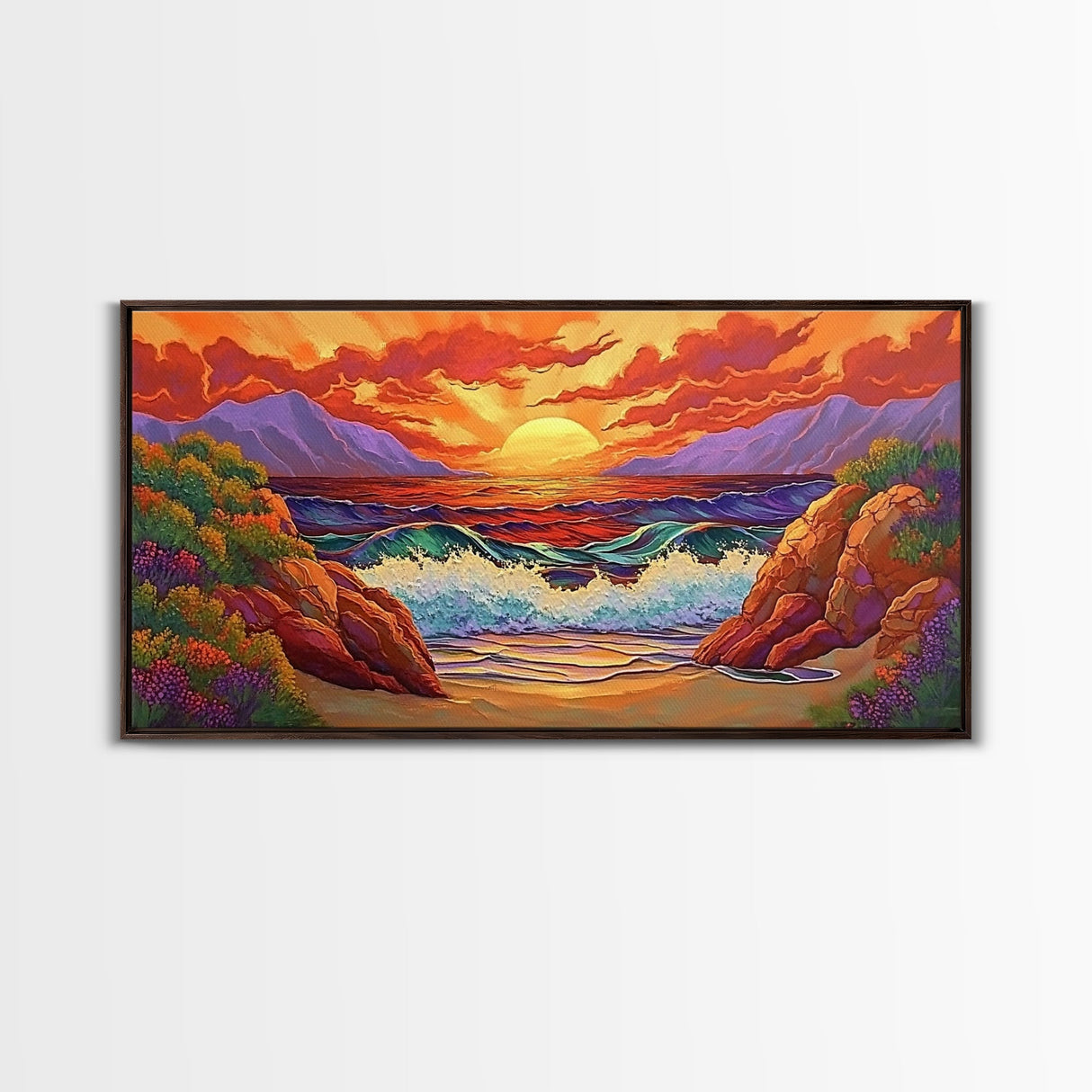 Sunset Waves, Rocks, Framed Canvas Print, Vibrant ocean sunset, crashing waves cliffs painting, Coastal Decor, Beach House Wall Art