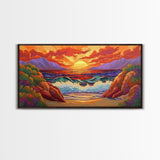 Sunset Waves, Rocks, Framed Canvas Print, Vibrant ocean sunset, crashing waves cliffs painting, Coastal Decor, Beach House Wall Art