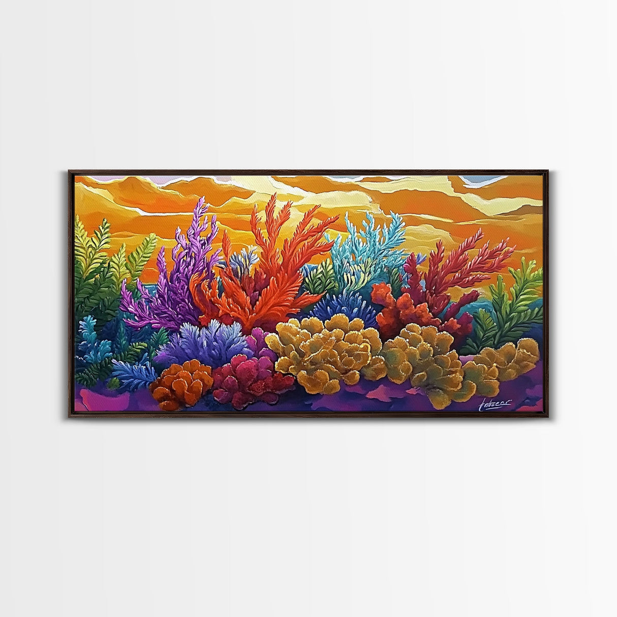 Reef Sunset, Underwater, Framed Canvas Print, Vibrant coral reef with tropical plants, sunset sky, Beachy decor, Bathroom Wall Art