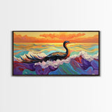 Ocean Bird, Sunset, Framed Canvas Print, Vibrant seabird in waves sunset seascape painting, Colorful Coastal Decor, Bathroom Wall Art