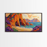 Cliffs Beach, Ocean, Framed Canvas Print, Bold textured coastal cliffs and ocean view painting, Vibrant Summer Decor, Kitchen Wall Art