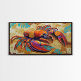 Lobster Coastal, Bold, Framed Canvas Print, Vibrant abstract lobster on sandy background, Nautical Kitchen Decor, Bold Coastal Wall Art