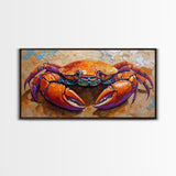 Crab Colorful, Beach, Framed Canvas Print, Brightly painted crab on sand, Ocean Kitchen Decor, Playful Beach Art, Coastal Wall Art
