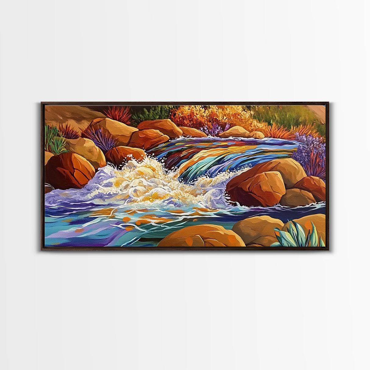 Autumn River, Rocks, Splash, Framed Canvas Print, colorful waterfall painting, nature wall art, rustic cabin decor, landscape art