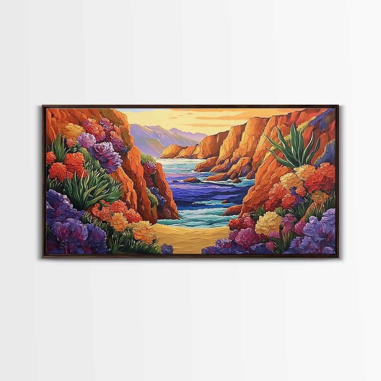 Desert Coast, Flowers, Path, Canvas Print, vibrant canyon seascape, southwest home decor, hallway wall art, colorful desert painting