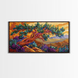 Tree Mountains, Sunset, Windswept, Canvas Print, expressive twisted pine painting, rustic boho decor, nature art, fall wall piece