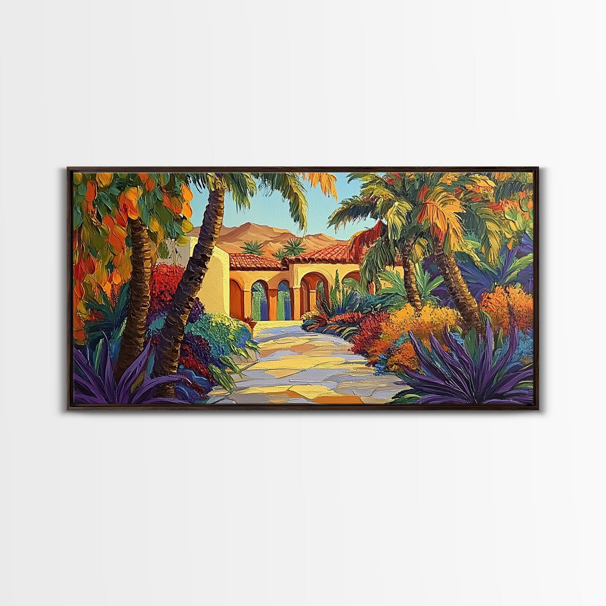 Villa Garden, Palms, Path, Framed Canvas Print, tropical courtyard scene, Mediterranean decor, living room wall art, villa painting