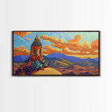 Tower Mountains, Sky, Clouds, Canvas Print, whimsical turret landscape, pastel sky art, colorful fantasy decor, study wall art