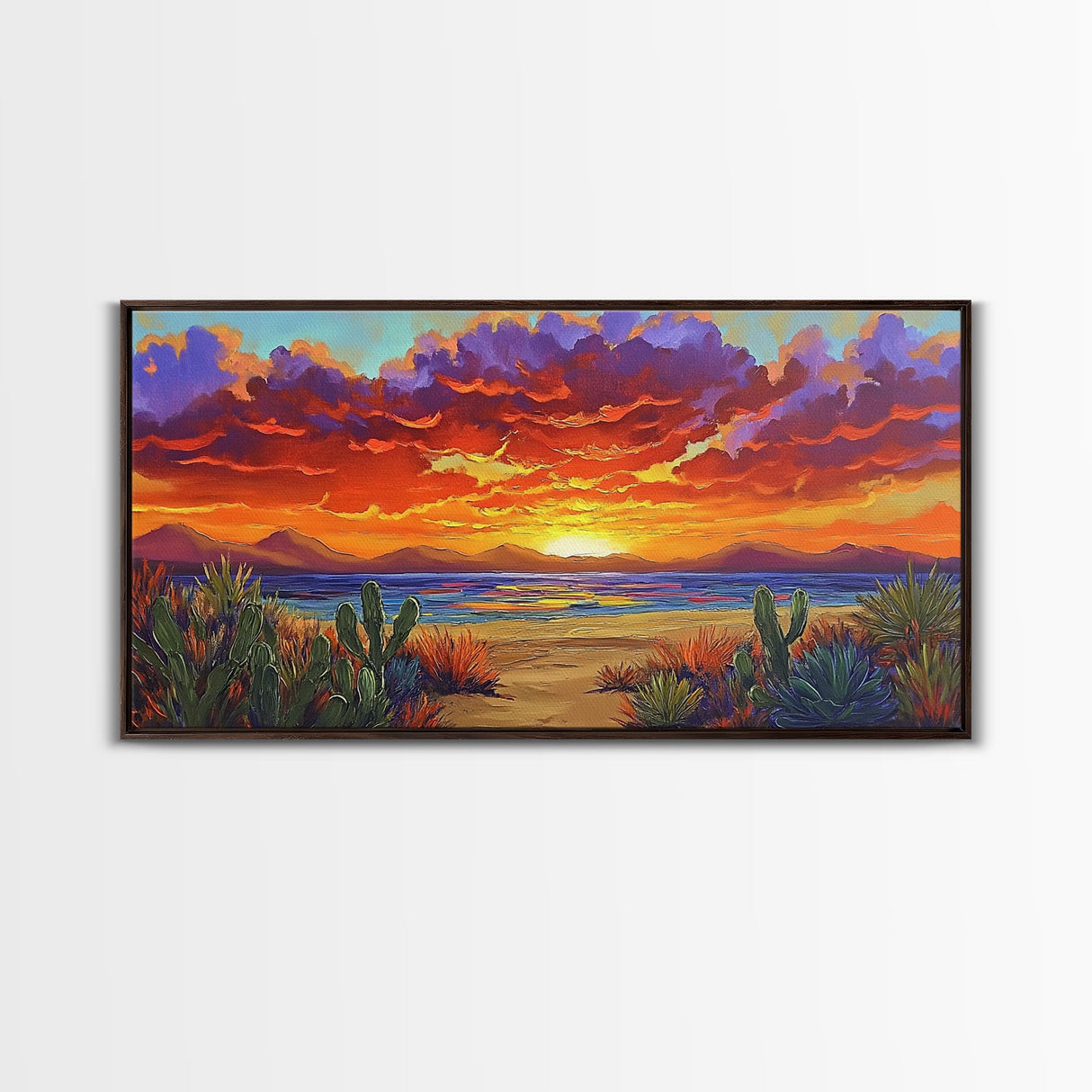 Sunset Beach, Desert, Cactus, Framed Canvas Print, vivid sunset desert beach scene, boho coastal decor, southwestern wall art