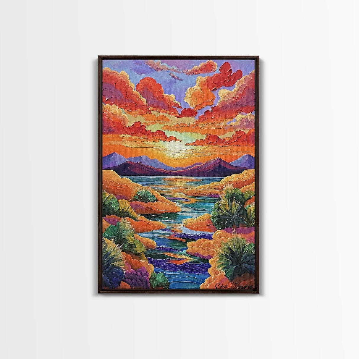 Sunset Desert, River, Color, Framed Canvas Print dreamy painted desert river sunset, colorful sky landscape artwork, nature boho art