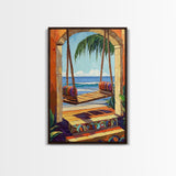 Swing Ocean, Tropical, Archway, Framed Canvas Print, Beach retreat wall art, vibrant tropical decor, Bedroom or Bathroom Wall Art
