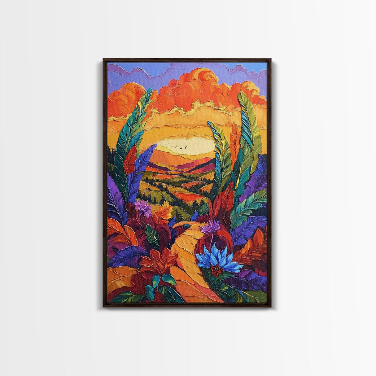 Bold Sunset, Path, Feathers, Canvas Print, Autumn Wall Art, Boho Nature Decor, Warm Colorful Hallway Art, Eclectic Landscape Painting