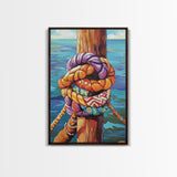 Nautical Knot, Dock, Ocean, Framed Canvas Print, Coastal Wall Art, Beach House Decor, Colorful Seaside Painting, Boat Lover Gift