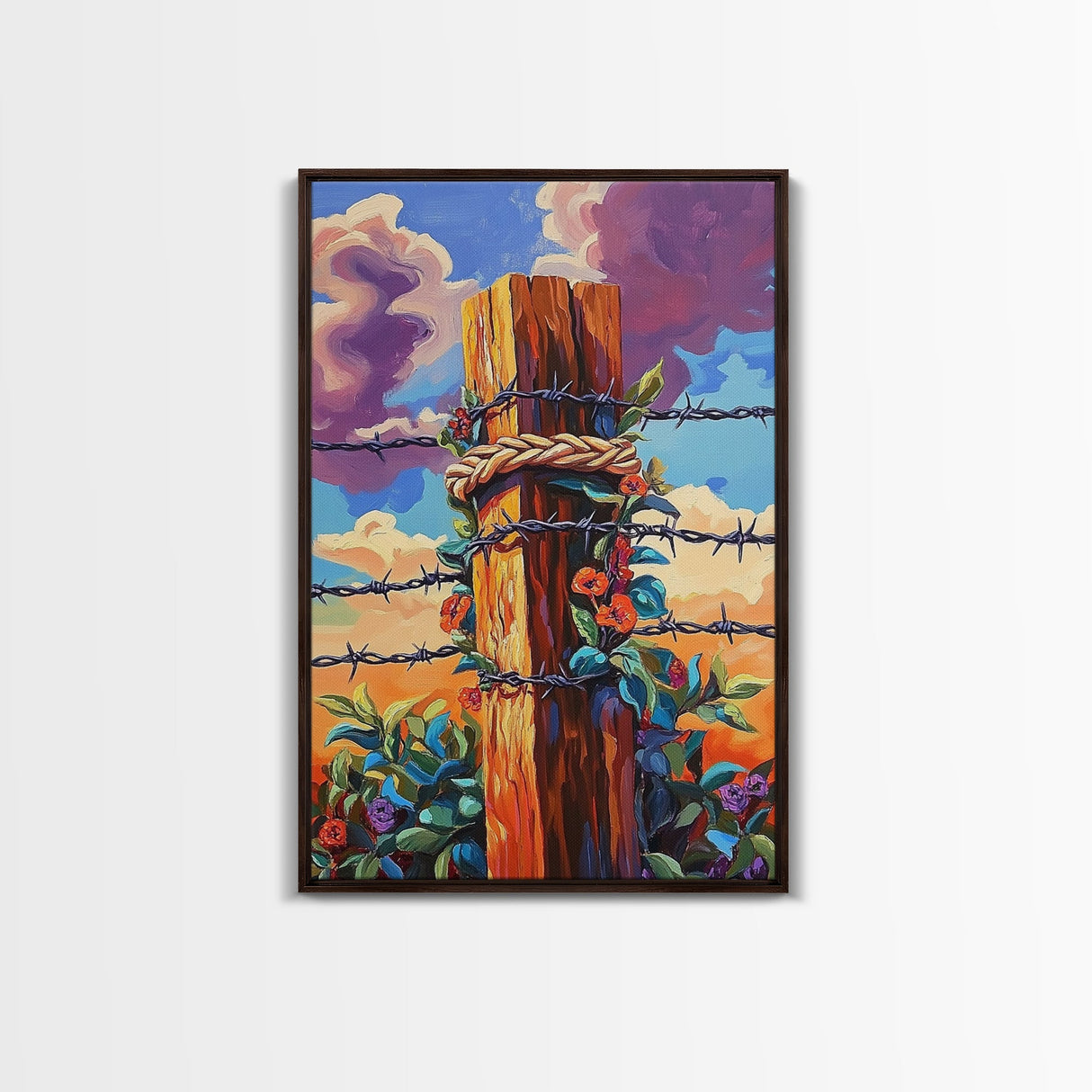 Fence Flowers, Sky, Bold, Framed Canvas Print, western barbed wire wall art, farmhouse boho style, sunset rustic decor, entryway or den