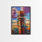 Fence Flowers, Sky, Bold, Framed Canvas Print, western barbed wire wall art, farmhouse boho style, sunset rustic decor, entryway or den