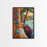 Tropical Boat, Village, Shoreline, Canvas Print, Coastal Wall Art, Vibrant Travel Scene, Boho Seaside Decor, Beach House Painting