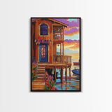 Tropical Sunset, House, Dock, Framed Canvas Print vibrant coastal house wall art, beach wall decor, sunset painting, tropical room decor