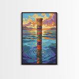 Tribal Water, Pole, Peaceful, Framed Canvas Print tranquil ocean pole artwork, tribal inspired sea painting, boho decor, hallway wall art
