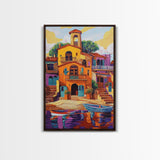 Village Boats, Reflections, Summer, Framed Canvas Print, coastal village wall art, Mediterranean canvas, kitchen decor, nautical rustic home