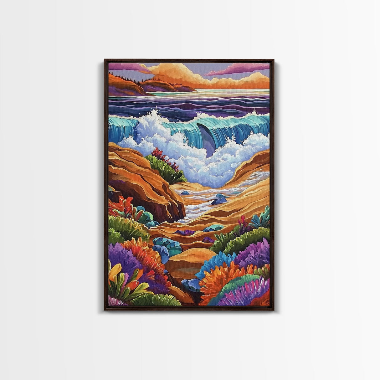 Ocean Rocks, Colorful, Framed Canvas Print, Coastal Sunset Wall Art, Bold Ocean Waves Decor, Living Room Statement Piece, Nature Art Print