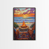 Firepit Sunset, Beach, Chairs, Canvas Print, cozy beach fire art, boho sunset vibes, fall bonfire wall decor, living room or patio