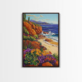 Ocean Cactus, Sunset, Framed Canvas Print, Southwest Coastal Art, Desert Beach Wall Decor, Colorful Nature Scene, Bathroom Wall Art