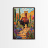 Bison Path, Desert, Framed Canvas Print, Southwest Bull Wall Art, Rustic Western Decor, Vibrant Nature Boho Style, Entryway Wall Art