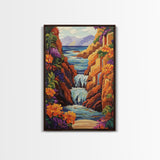 Waterfall Cliffs, Ocean, Framed Canvas Print, Tropical Canyon Wall Art, Colorful Nature Inspired Decor, Bathroom art, Entryway Wall Art