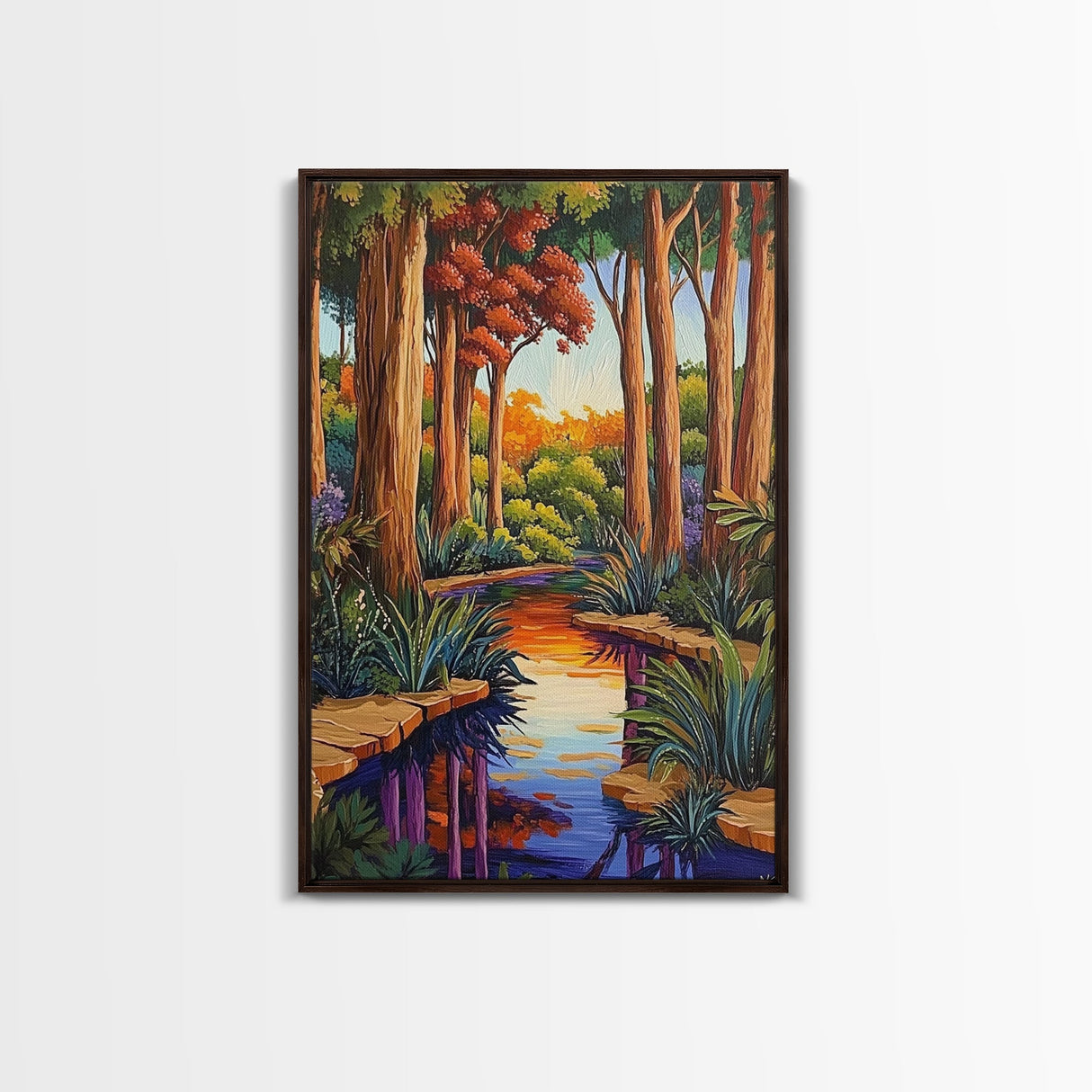 Forest Creek, Autumn, Framed Canvas Print, Tranquil Fall Landscape Wall Art, Vibrant Nature Decor, Woodland Boho Style, Bedroom Wall Art
