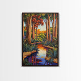 Forest Creek, Autumn, Framed Canvas Print, Tranquil Fall Landscape Wall Art, Vibrant Nature Decor, Woodland Boho Style, Bedroom Wall Art