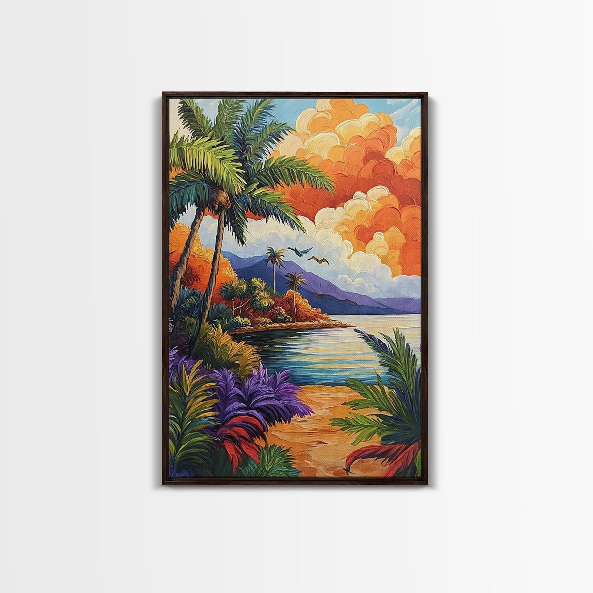 Sunset Palms, Ocean, Autumn, Framed Canvas Print coastal tropical wall art, bold sunset palm decor, boho living room art, beach house vibe