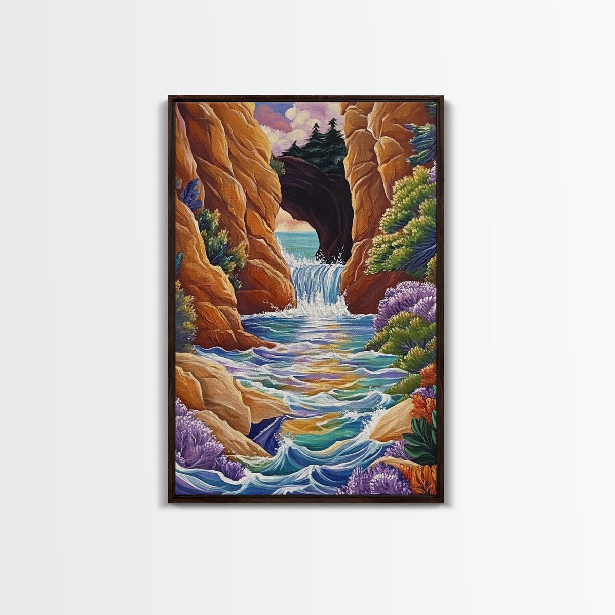 Waterfall Arch, Canyon, Coastal, Framed Canvas Print dramatic coastal waterfall painting, colorful canyon ocean view, nature boho decor