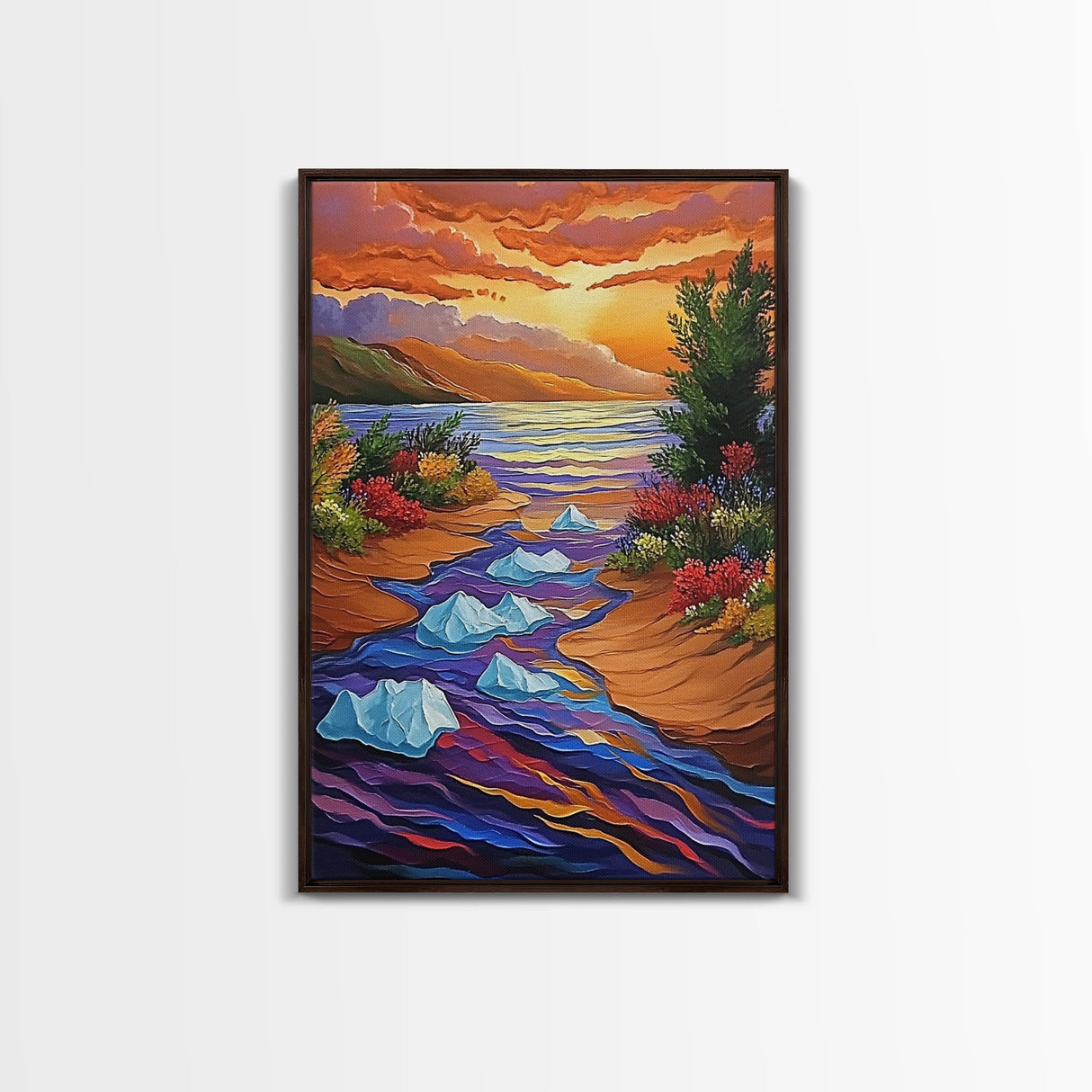 Icebergs River, Sunset, Autumn, Framed Canvas Print colorful autumn iceberg painting, vibrant sunset water flow, fall landscape wall art