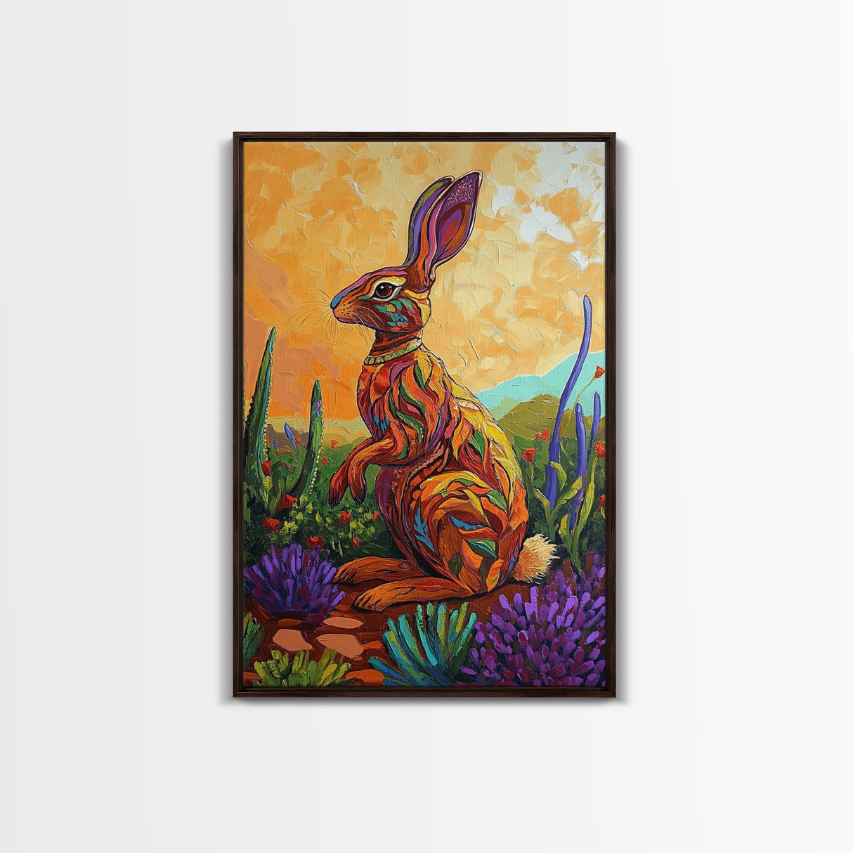 Bunny Cactus, Desert, Whimsical Framed Canvas Print, Eclectic Living Room Wall Art, Boho Southwest Decor, Colorful Animal Painting