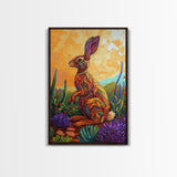 Bunny Cactus, Desert, Whimsical Framed Canvas Print, Eclectic Living Room Wall Art, Boho Southwest Decor, Colorful Animal Painting