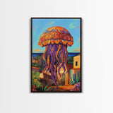 Jellyfish Surreal, Ocean, Dreamy Framed Canvas Print, Coastal Living Room Wall Art, Fantasy Sea Creature Art, Bright Tropical Decor