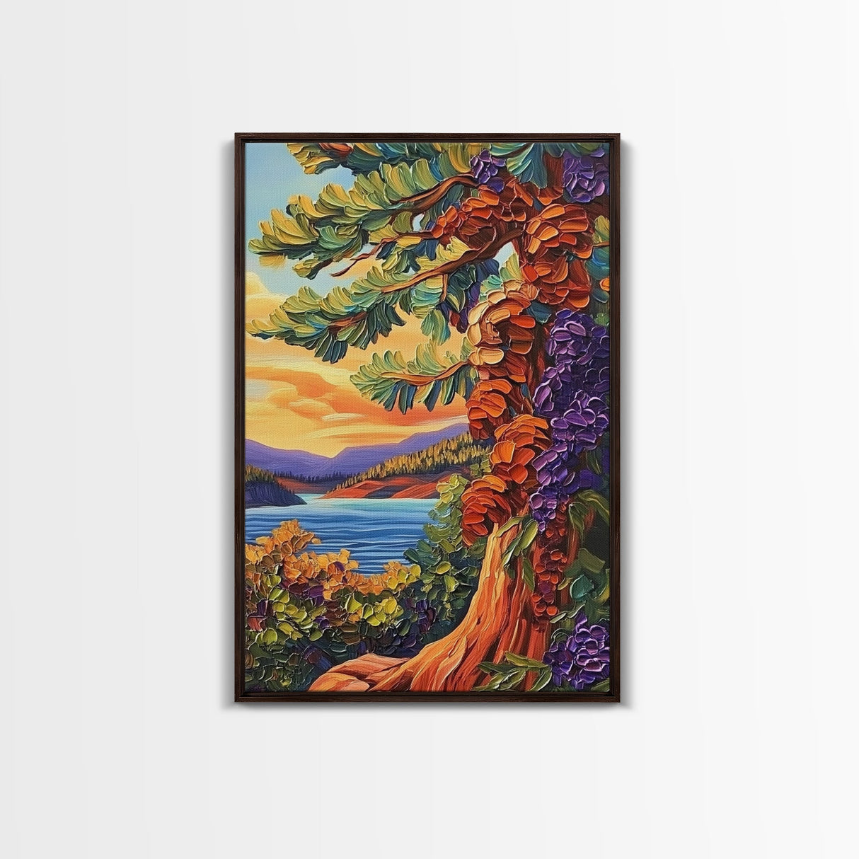 Tree Lake, Mountains, Nature, Framed Canvas Print, pine tree art, autumn landscape wall decor, cozy cabin or lodge art, textured style