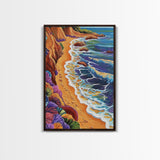 Cliff Shoreline, Ocean, Flowers, Framed Canvas Print, coastal boho art, colorful seascape, beach lover gift, bathroom or hallway art