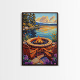 Firepit Chairs, Lake, Sunset, Framed Canvas Print, outdoor patio wall decor, rustic lakeside art, cozy fall cabin retreat artwork